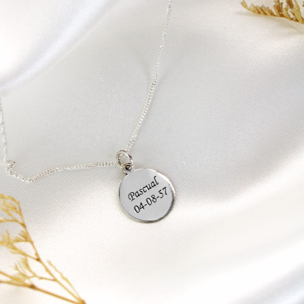 collar plateado, collar fotograbado, collar para poner fotos con laser, collar con dije circular, collar con foto, collar plateado, collar grabado