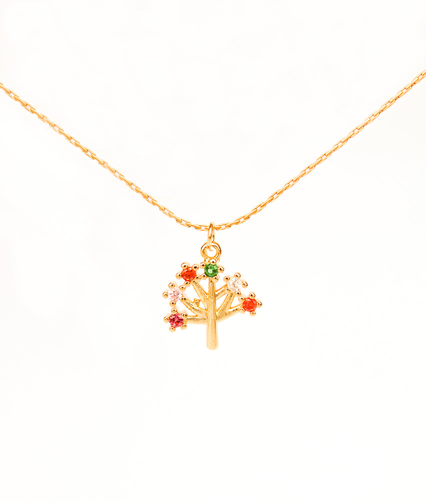 collar con dije de arbol, collar dorado con arbol con piedras de colores, collar con colgante de arbol, collar dorado