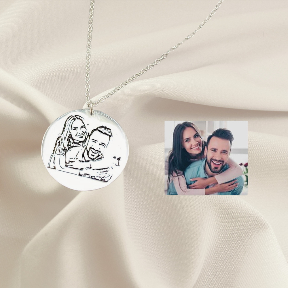 collar plateado, collar fotograbado, collar para poner fotos con laser, collar con dije circular, collar con foto, collar plateado, collar grabado
