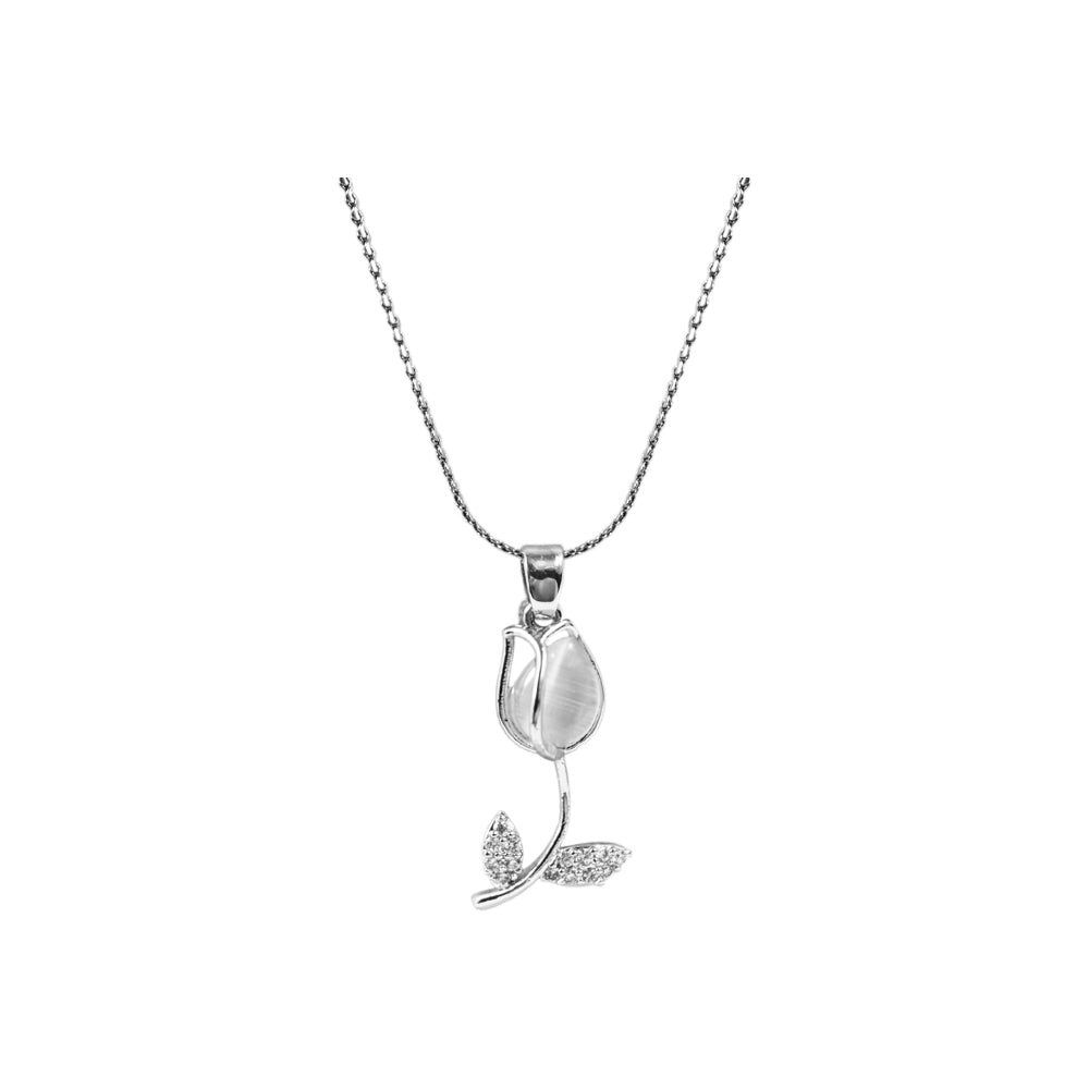 Collar Tulipán Piedra Blanca Plateado Acero
