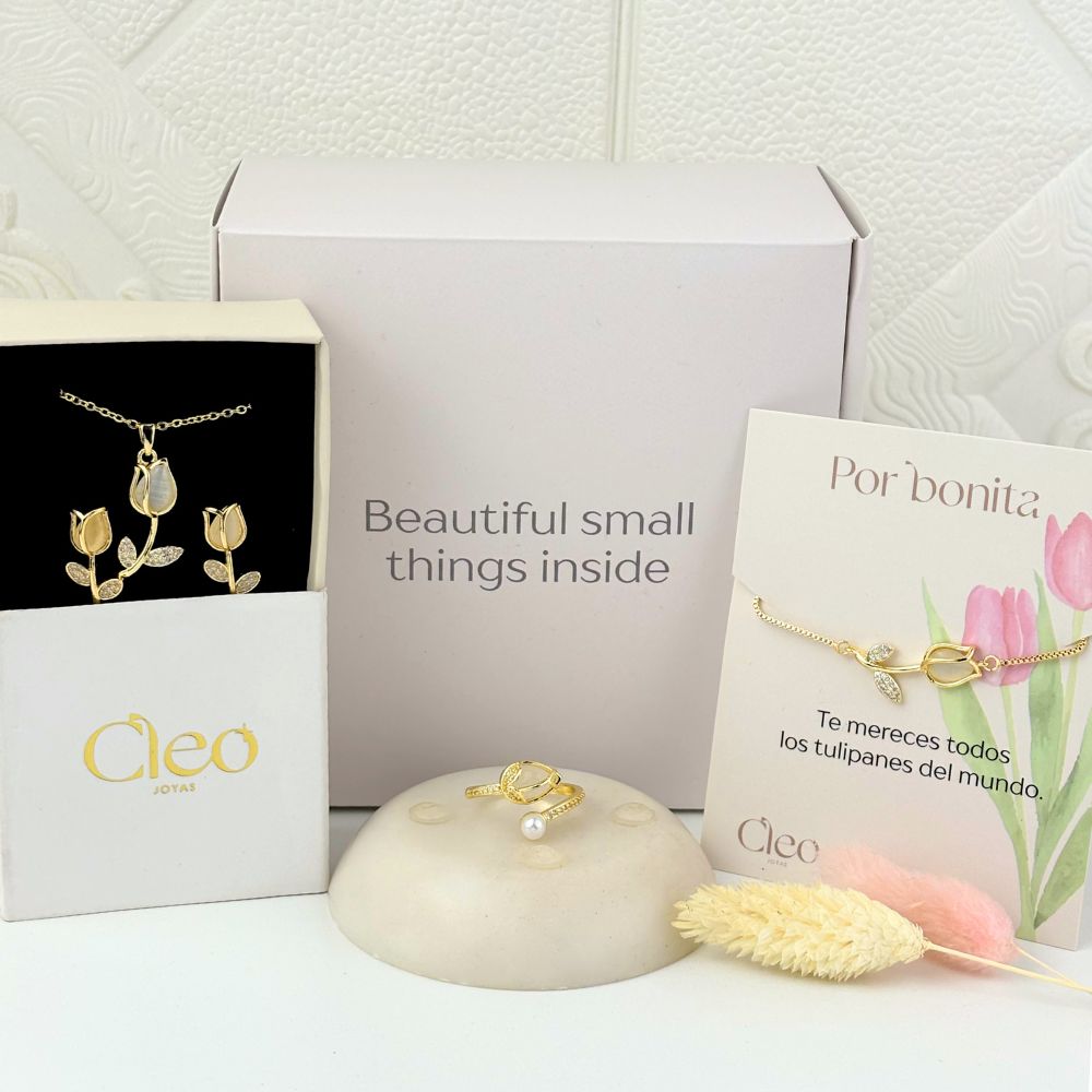 Box Premium Tulipan 4 piezas: Collar + Aretes + Pulsera y Anillo Tulipan