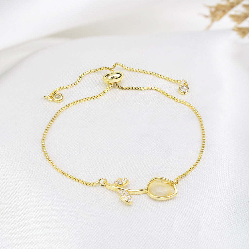 pulsera regulable de tulipan, pulsera regulable de flor dorada, pulsera dorado, pulsera de flor
