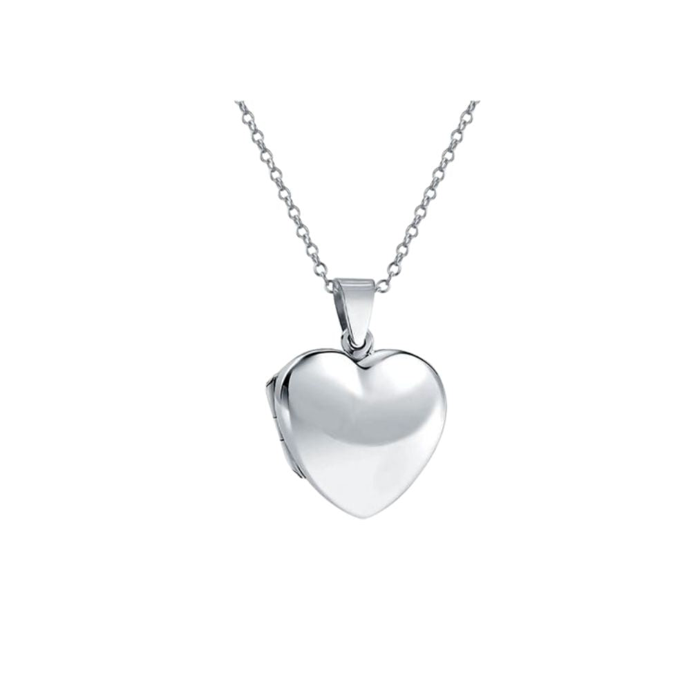 Collar relicario de plata en forma de corazón liso donde se pueden colocar fotos