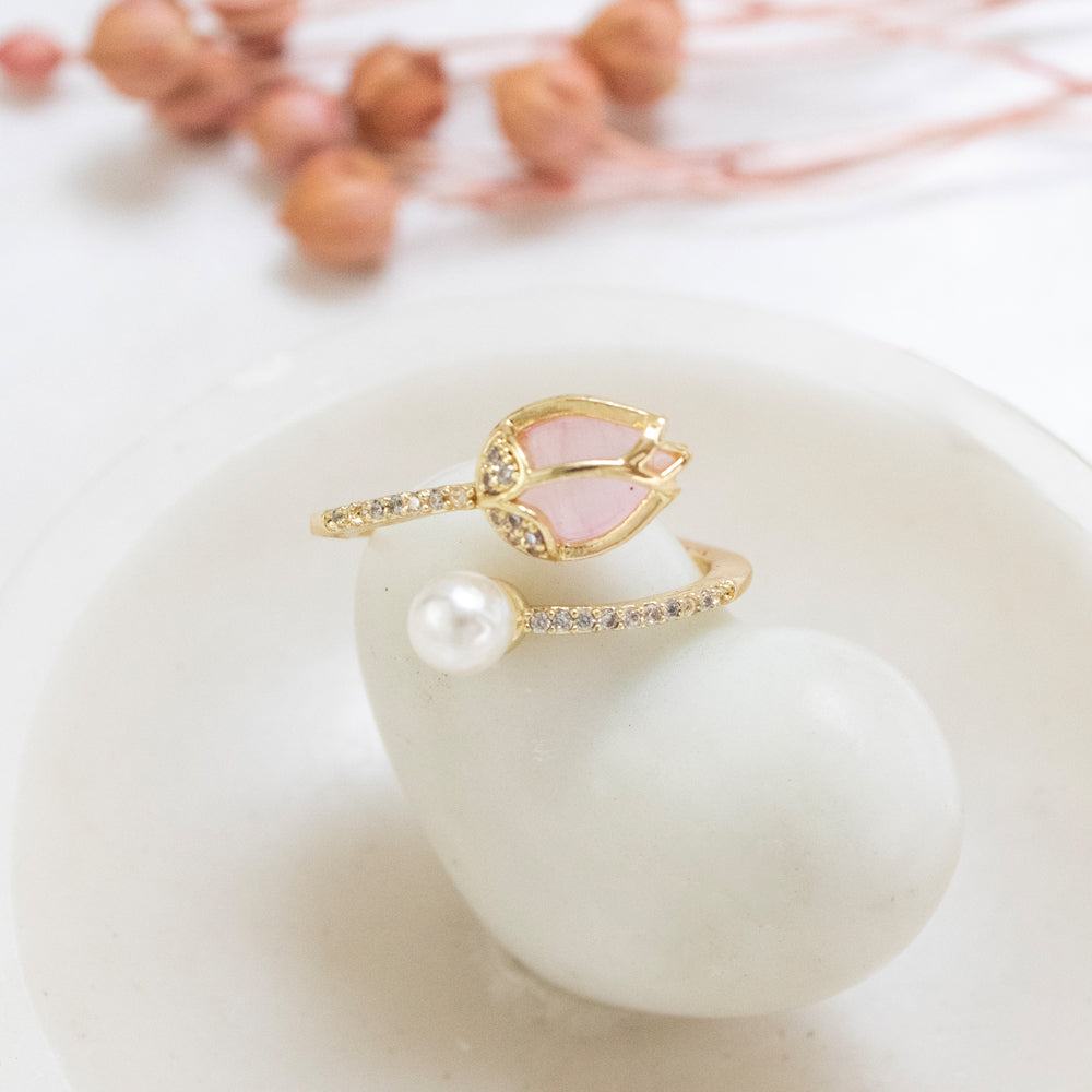 Anillo Tulipan Perla Rosa Dorado Acero