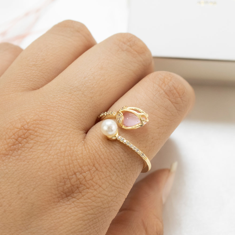Anillo Tulipan Perla Rosa Dorado Acero