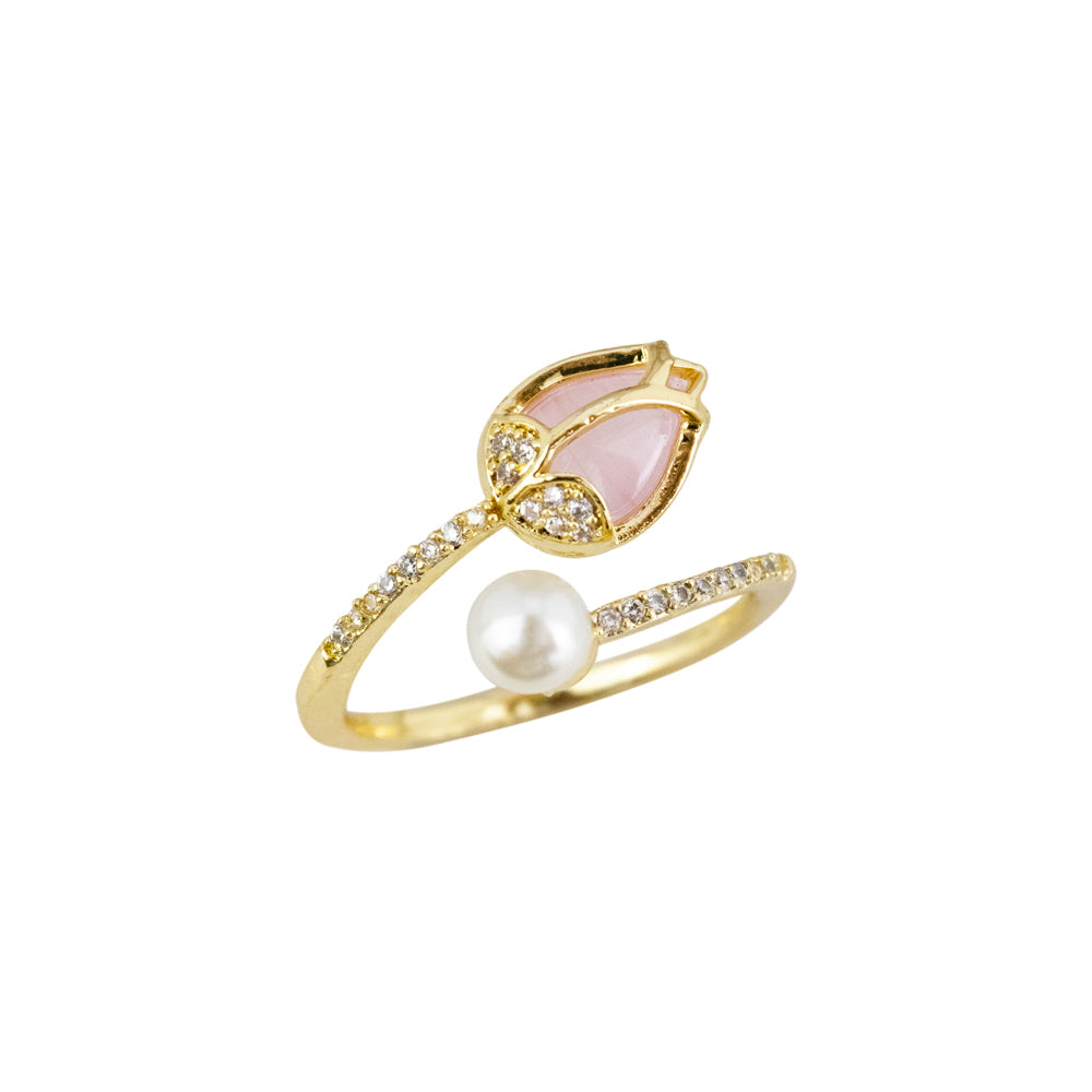 Anillo Tulipan Perla Rosa Dorado Acero