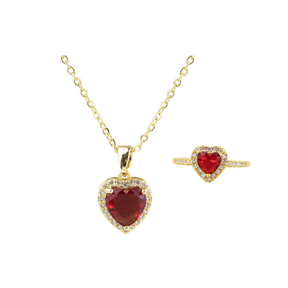 set collar mas anillo con piedra corazon rojo y piedritas. Collar dorado
