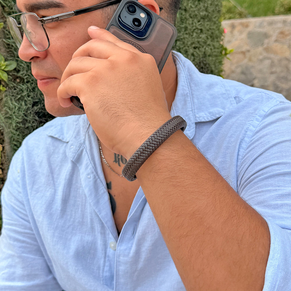 Pulsera Trenzada Cuerina Acero Hombre