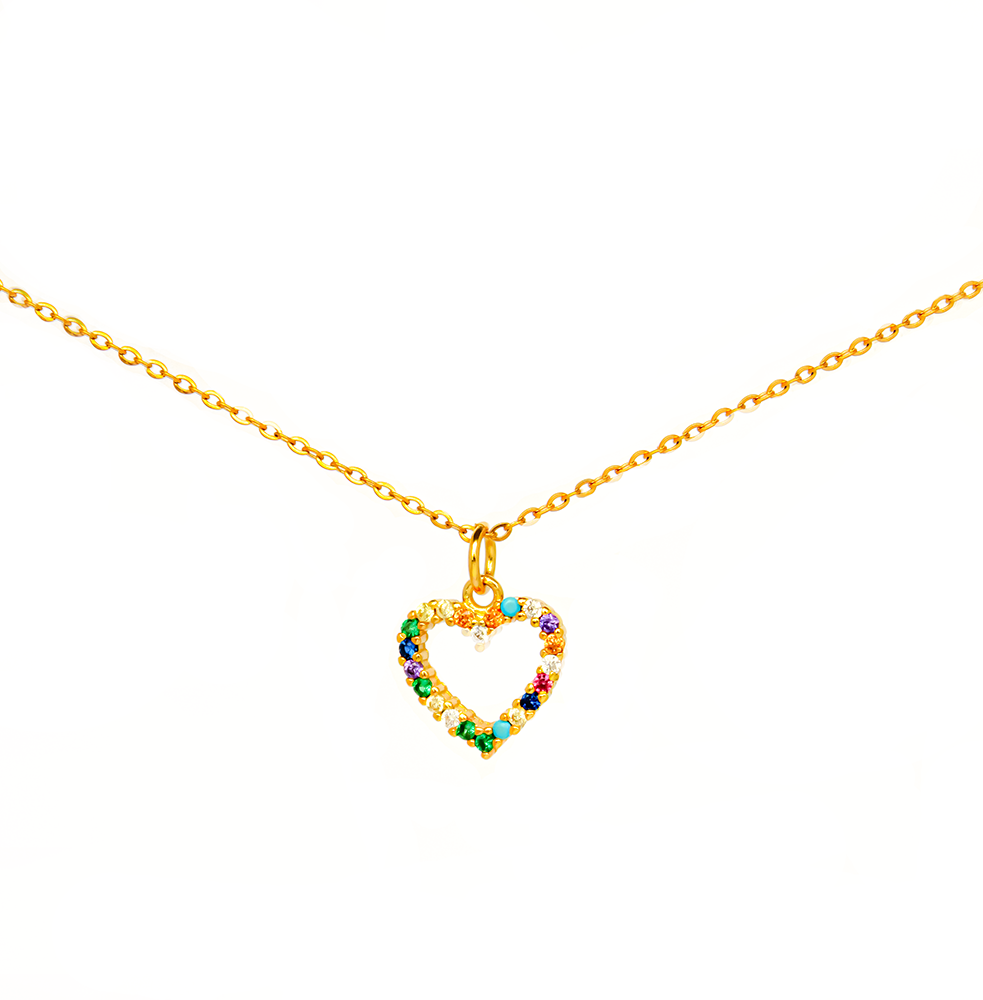 collar de corazon, collar dorado de corazon con piedras, collar multicolor, collar dorado