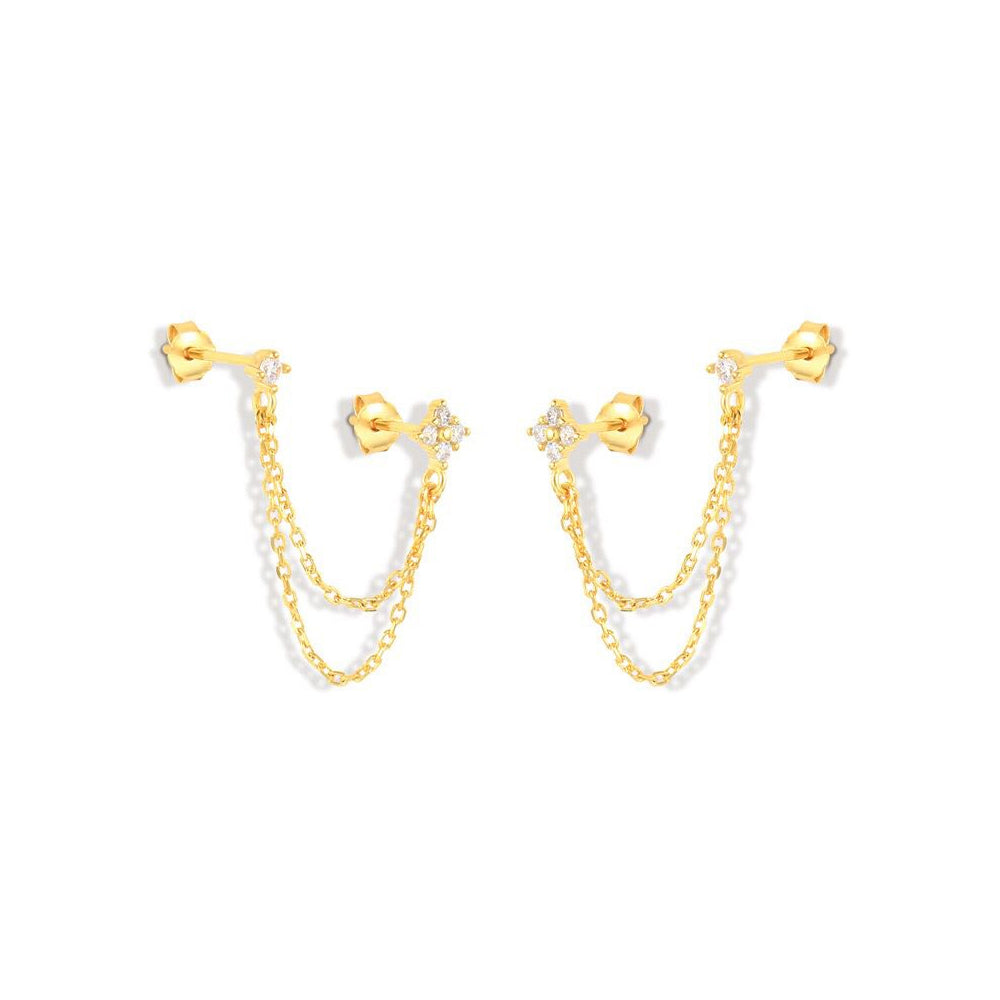 arete doble con cadena, arete con piedritas, arete dorado