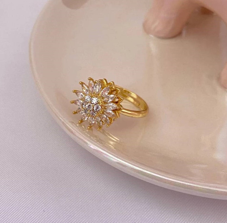 anillo regulable, anillo dorado, anillo regulable de plata, anillo girasol, anillo antiestrés , anillo anti ansiedad, anillo girasol giratorio