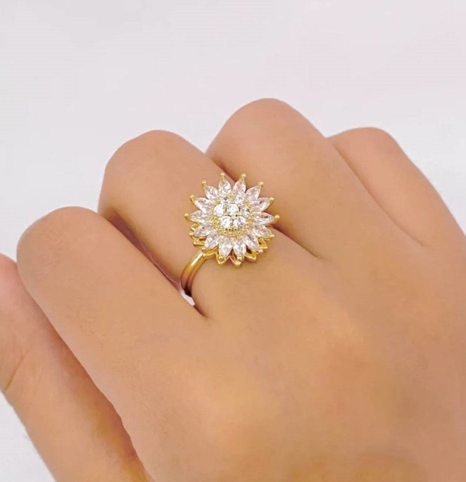 anillo regulable, anillo dorado, anillo regulable de plata, anillo girasol, anillo antiestrés , anillo anti ansiedad, anillo girasol giratorio
