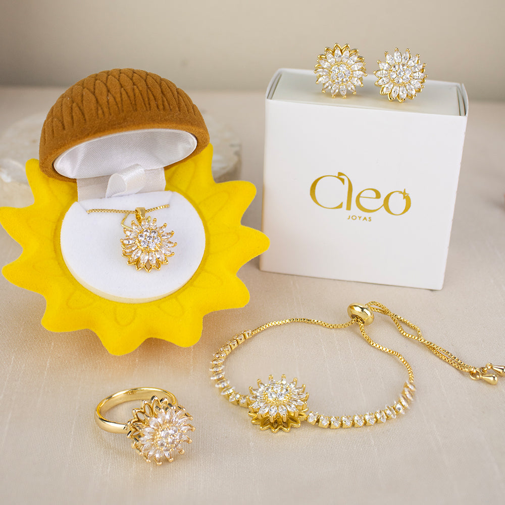 Box Primavera 4 piezas Girasol: Collar + Arete + Pulsera + Anillo Girasol Giratorio