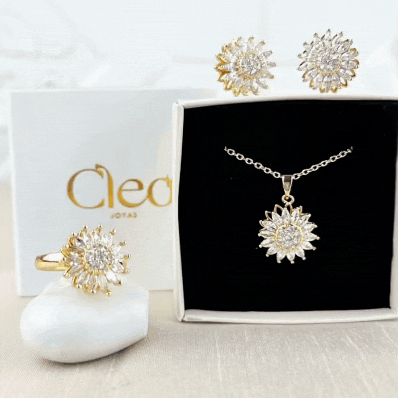 Box Primavera 4 piezas Girasol: Collar + Arete + Pulsera + Anillo Girasol Giratorio