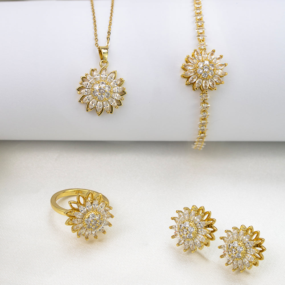 Box Primavera 4 piezas Girasol: Collar + Arete + Pulsera + Anillo Girasol Giratorio