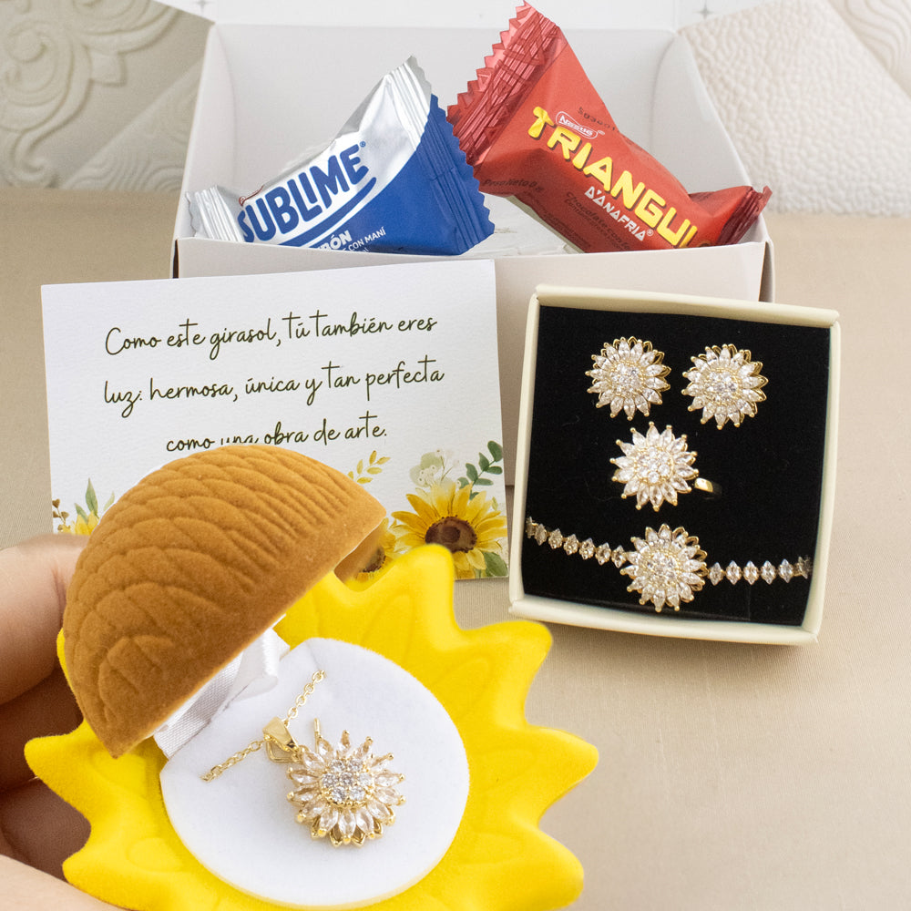 Box Premium 4 piezas Girasol: Collar + Arete + Pulsera + Anillo Girasol Giratorio
