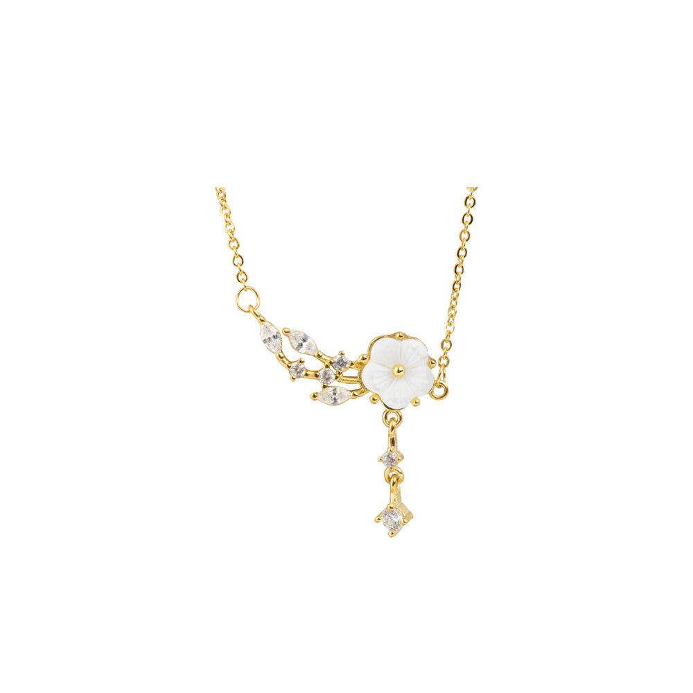collar dorado de flor con piedras, collar de flor nacarado, collar con dije de flor con colgante, collar dorado de flores y piedras