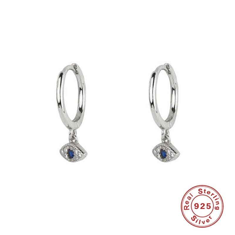 argollas plateadas de ojo, argollas de ojo turco, pendientes plateados, argollas con colgante de ojo turco