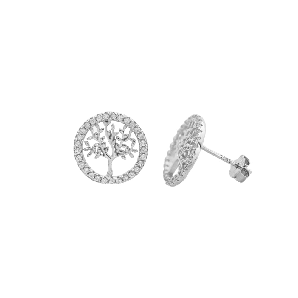 arete de arbol, arete pegado plateado, arete circular con piedras