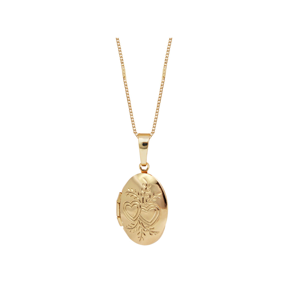 collar relicario oval dorado con grabado de corazones, collar dorado, collar para poner fotos dorado, collar de oro