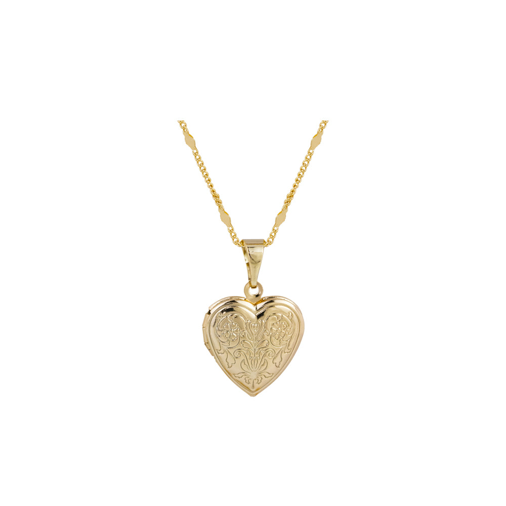 collar relicario dorado de corazon con grabado de flores, collar para colocar fotos, collar de corazon, collar dorado de corazon