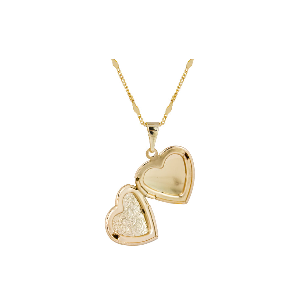 collar relicario dorado de corazon con grabado de flores, collar para colocar fotos, collar de corazon, collar dorado de corazon