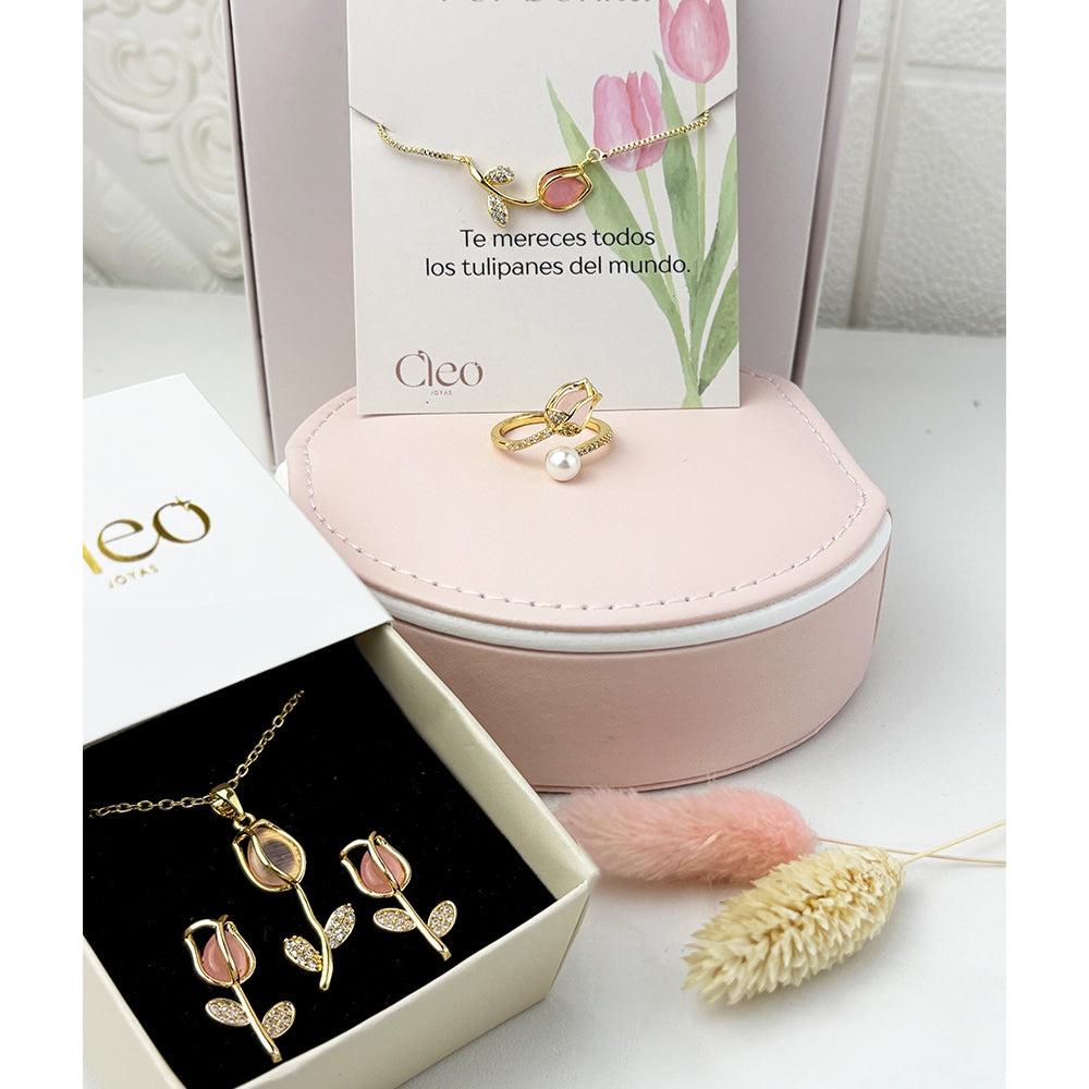 Box Premium Tulipan 4 piezas: Collar + Aretes + Pulsera y Anillo Tulipan
