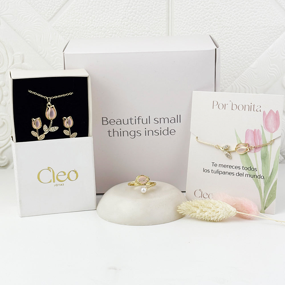 Box Premium Tulipan 4 piezas: Collar + Aretes + Pulsera y Anillo Tulipan