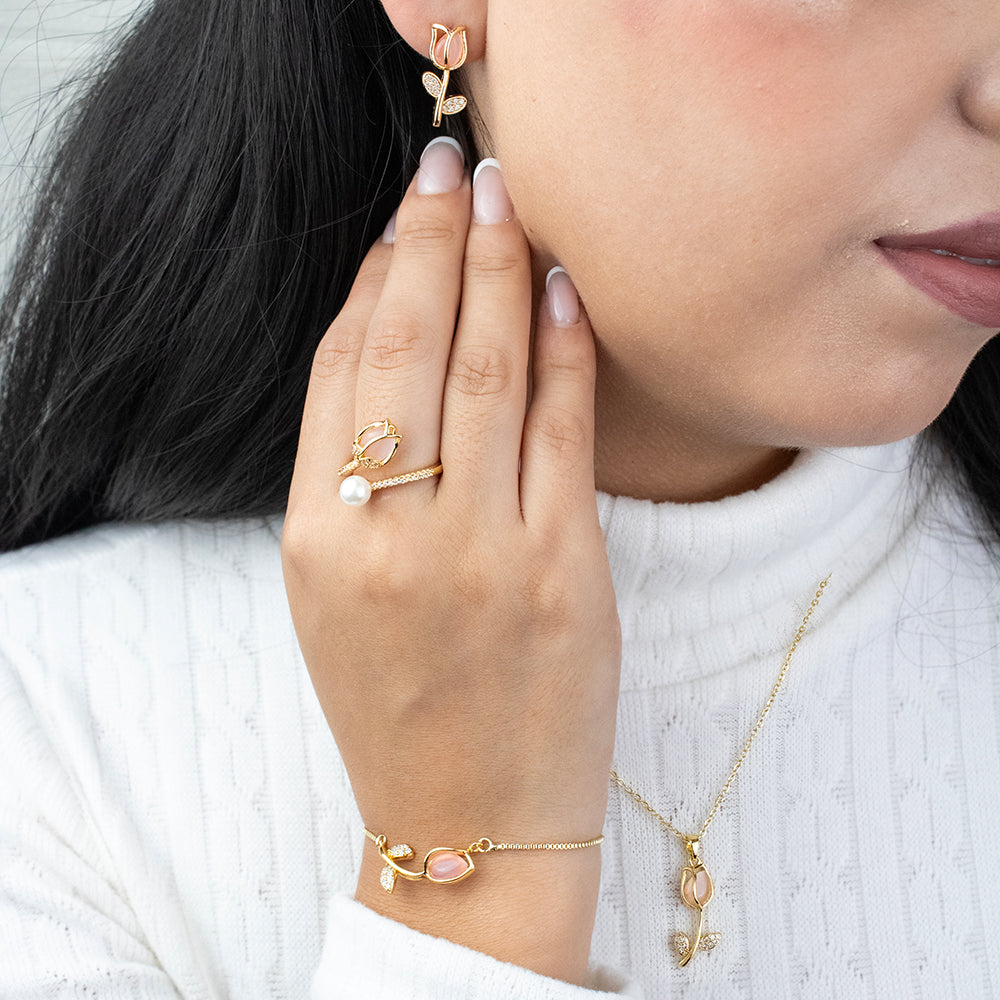 Box Premium Tulipan 4 piezas: Collar + Aretes + Pulsera y Anillo Tulipan