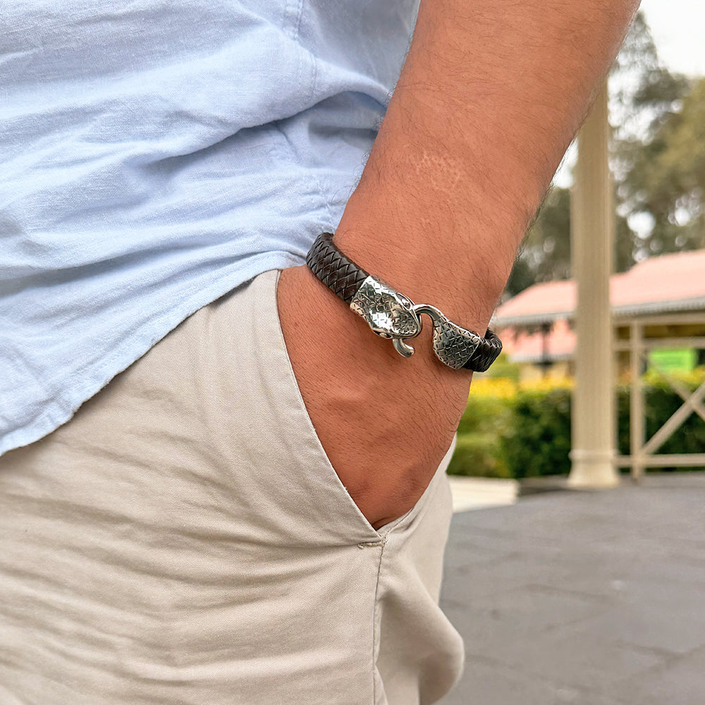 Pulsera Snake Cuerina Plateado Hombre