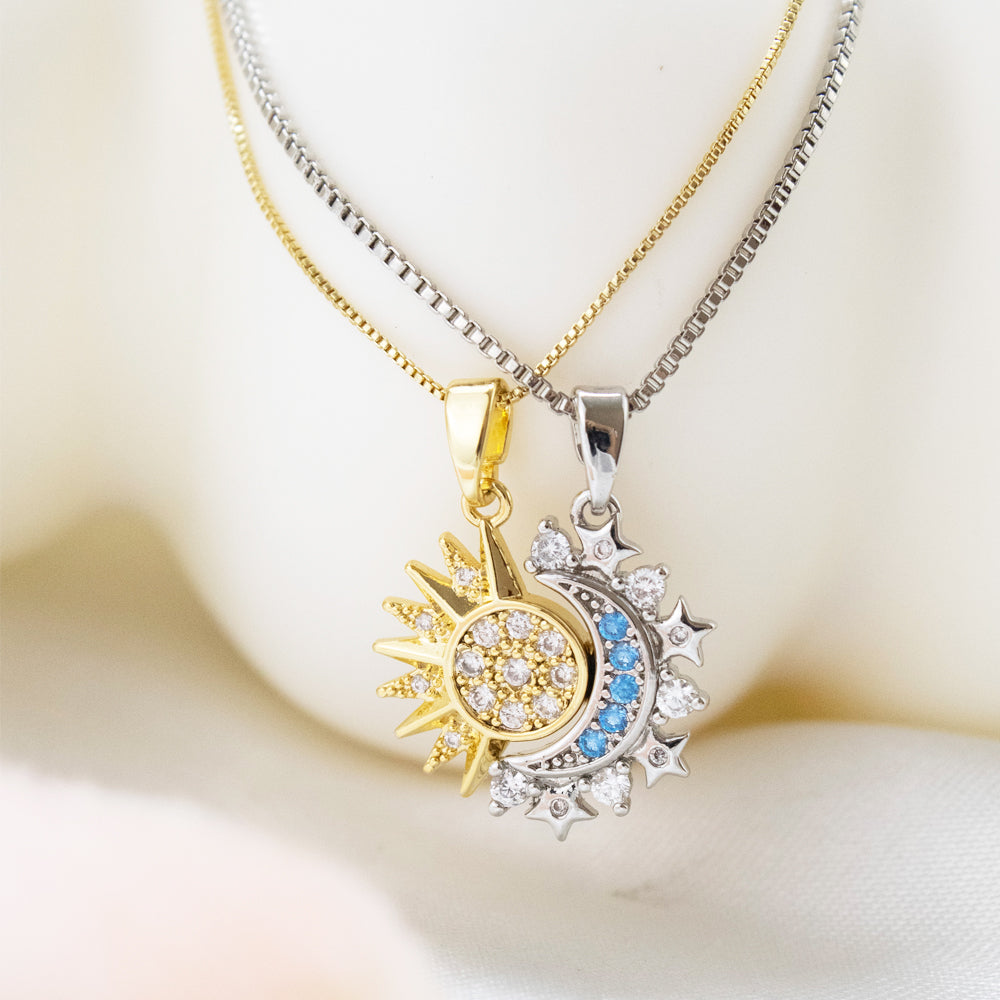 collar para parejas, collar para amigos, collar de sol dorado, collar de luna plateado, collares complementarios, collar en duo