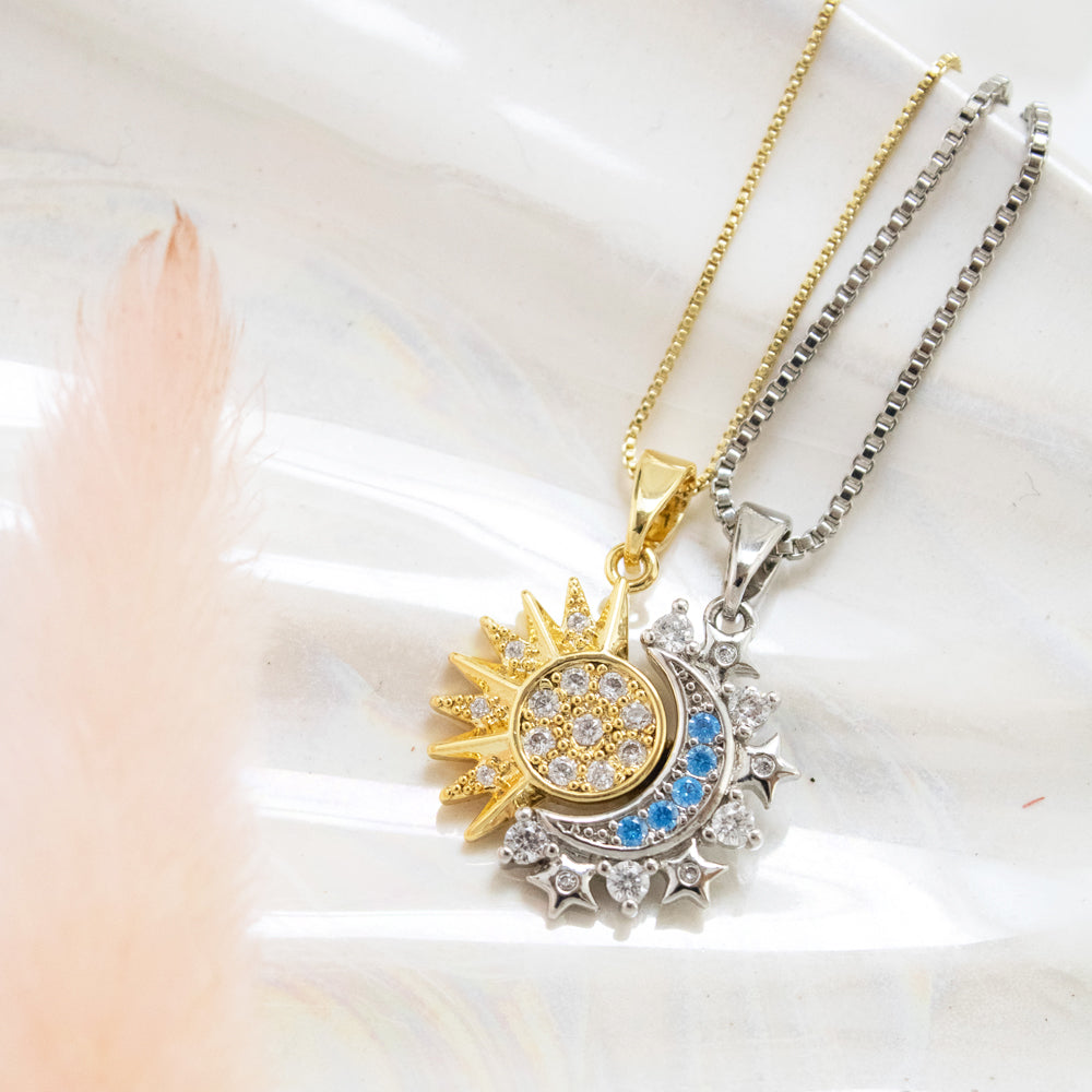 collar para parejas, collar para amigos, collar de sol dorado, collar de luna plateado, collares complementarios, collar en duo