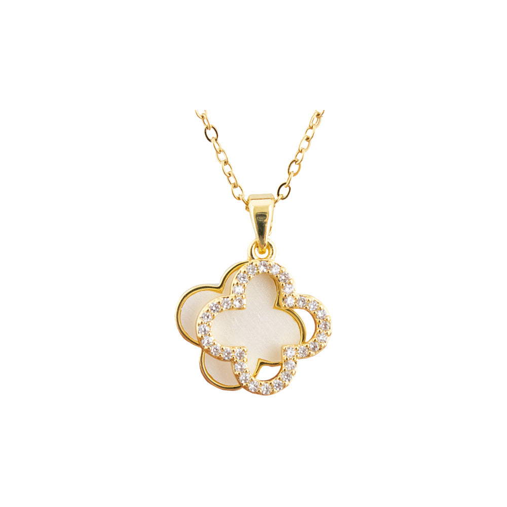 collar en tendencia, collar de trebol blanco con doble dije de piedras, collar con colgante de tréboles, collar dorado de treboles, collar dorado con doble dije