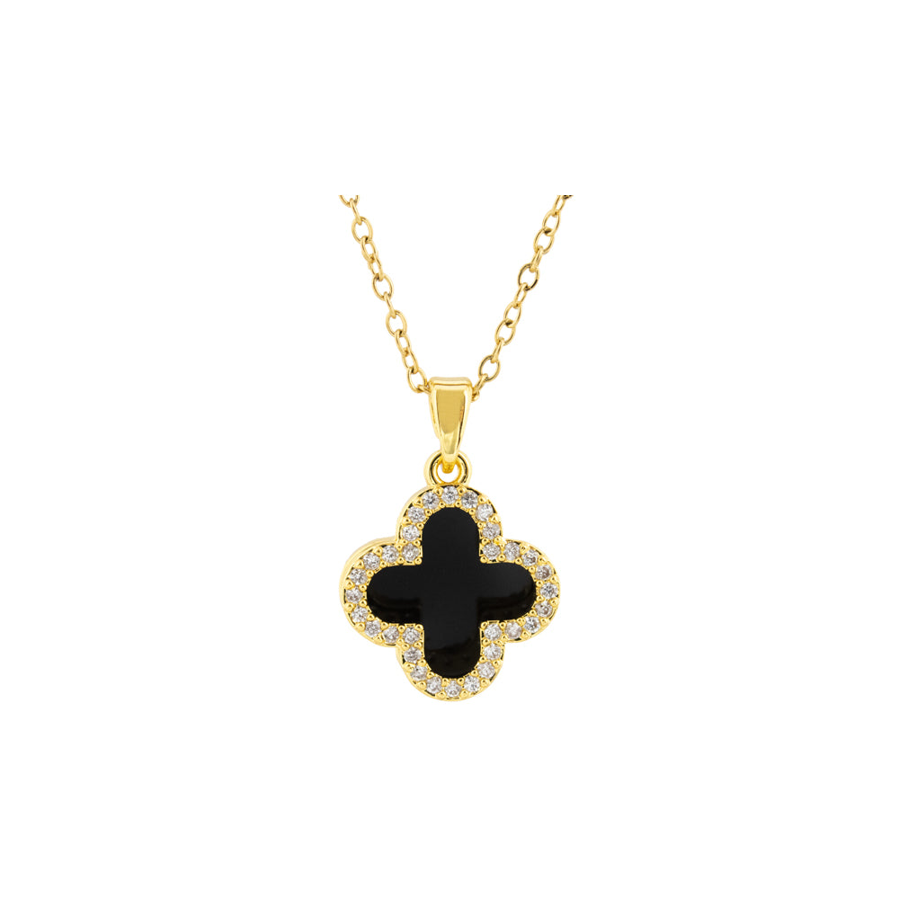 Collar de trébol negro giratorio con circones o piedras cristal. Collar antiestrés, collar anti ansiedad