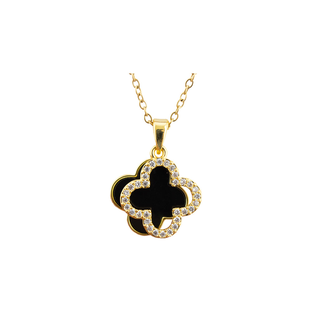 collar en tendencia, collar de trebol negro con doble dije de piedras, collar con colgante de tréboles, collar dorado de treboles, collar dorado con doble dije