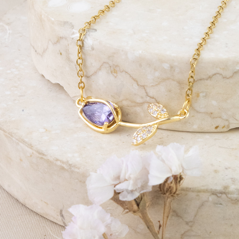 Collar Tulipán Cristal Morado Dorado Acero
