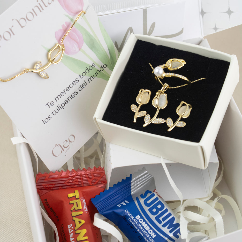Box Premium Tulipan 4 piezas: Collar + Aretes + Pulsera y Anillo Tulipan