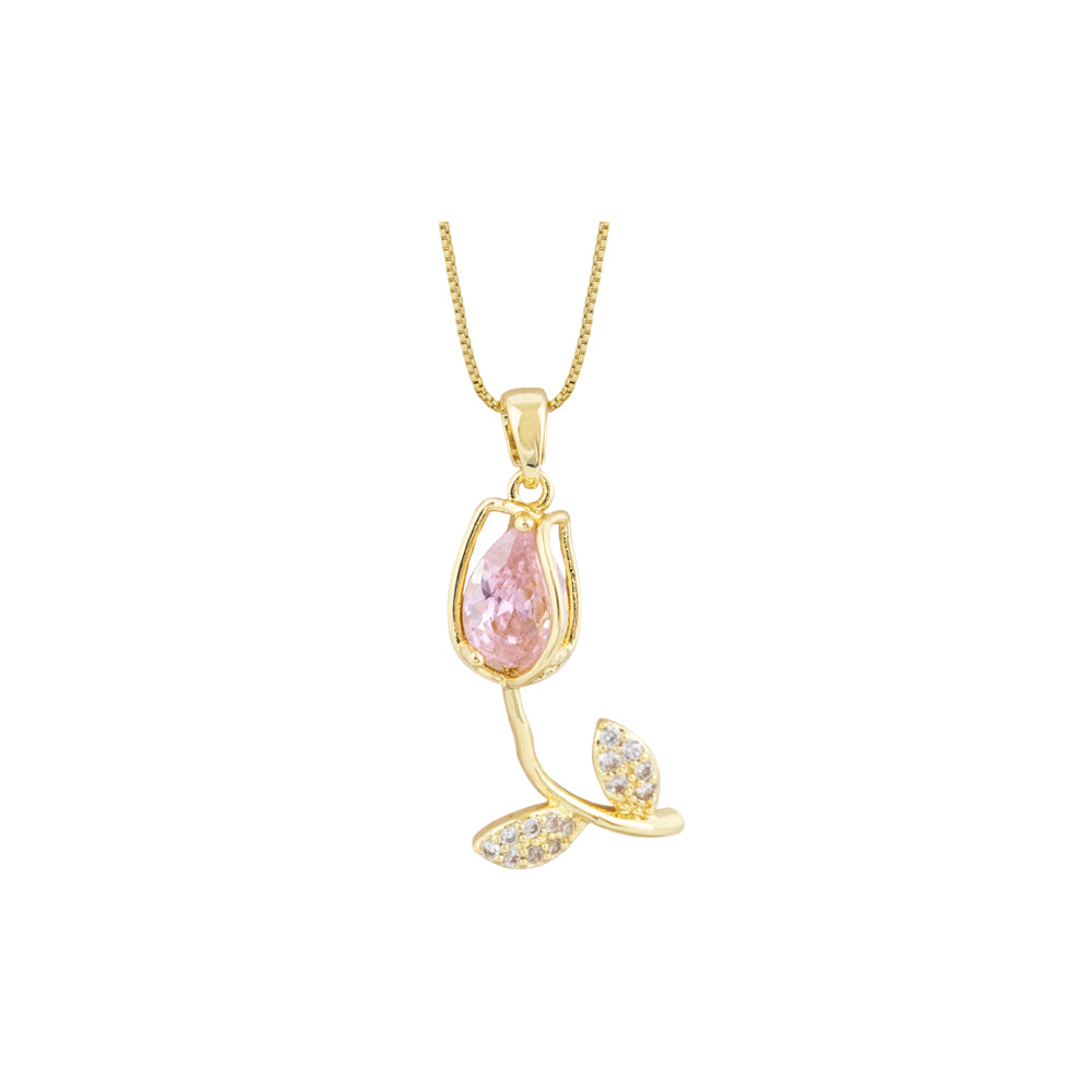 collar dorado de flor, collar dorado de tulipan, collar de tulipan con piedras, collar con colgante de flor, collar con colgante de tulipan, collar de tulipan con piedra rosada, collar de flor con piedra rosada