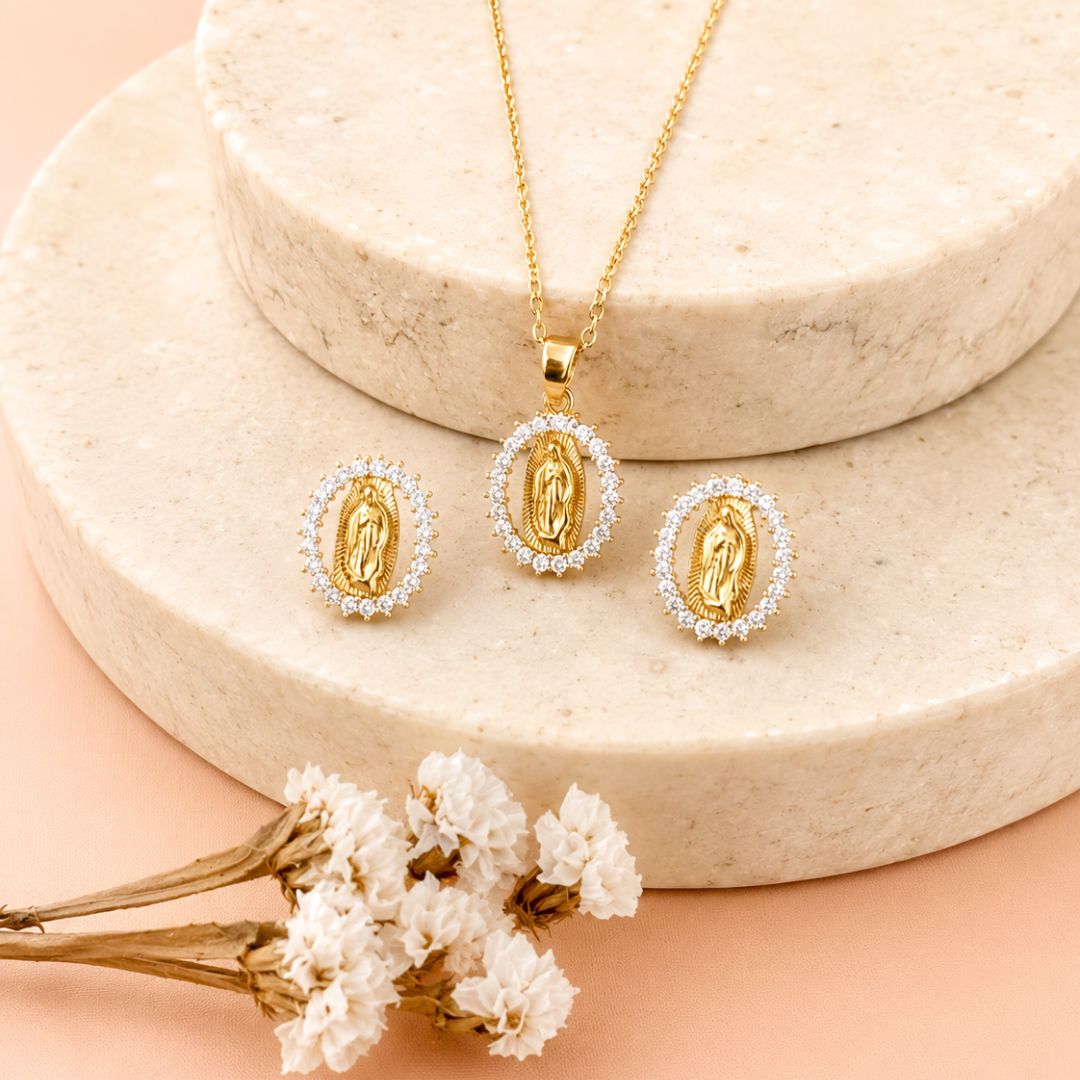 Set Virgen Guadalupe Brillos Acero