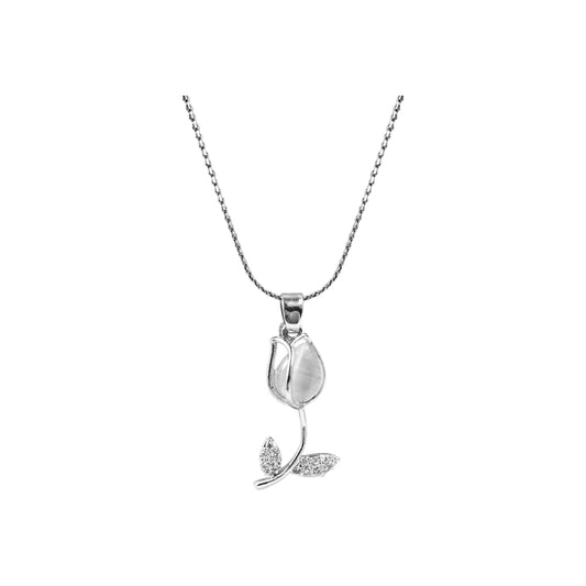 Collar Tulipán Piedra Blanca Plateado Acero