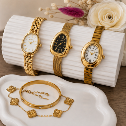 Set Athenea:  2 Pulseras + Reloj Dorado Acero