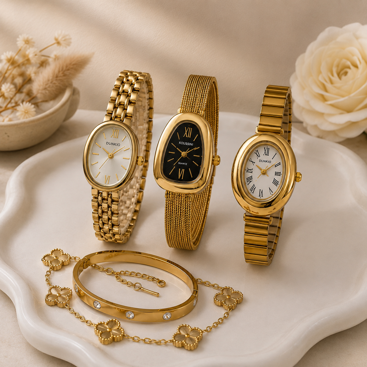 Set Athenea:  2 Pulseras + Reloj Dorado Acero