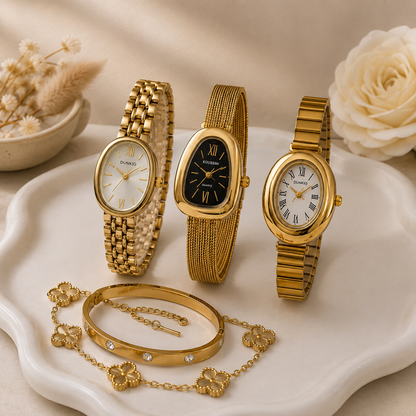 Set Athenea:  2 Pulseras + Reloj Dorado Acero