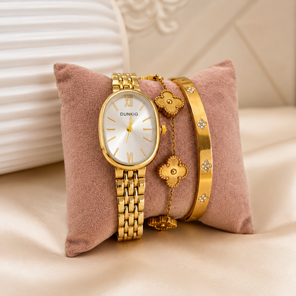 Set Athenea:  2 Pulseras + Reloj Dorado Acero