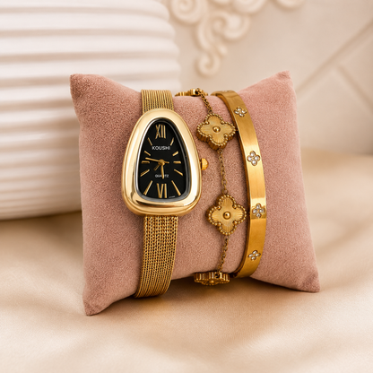 Set Athenea:  2 Pulseras + Reloj Dorado Acero