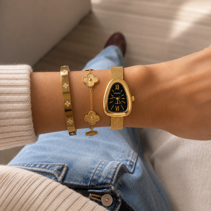 Set Athenea:  2 Pulseras + Reloj Dorado Acero