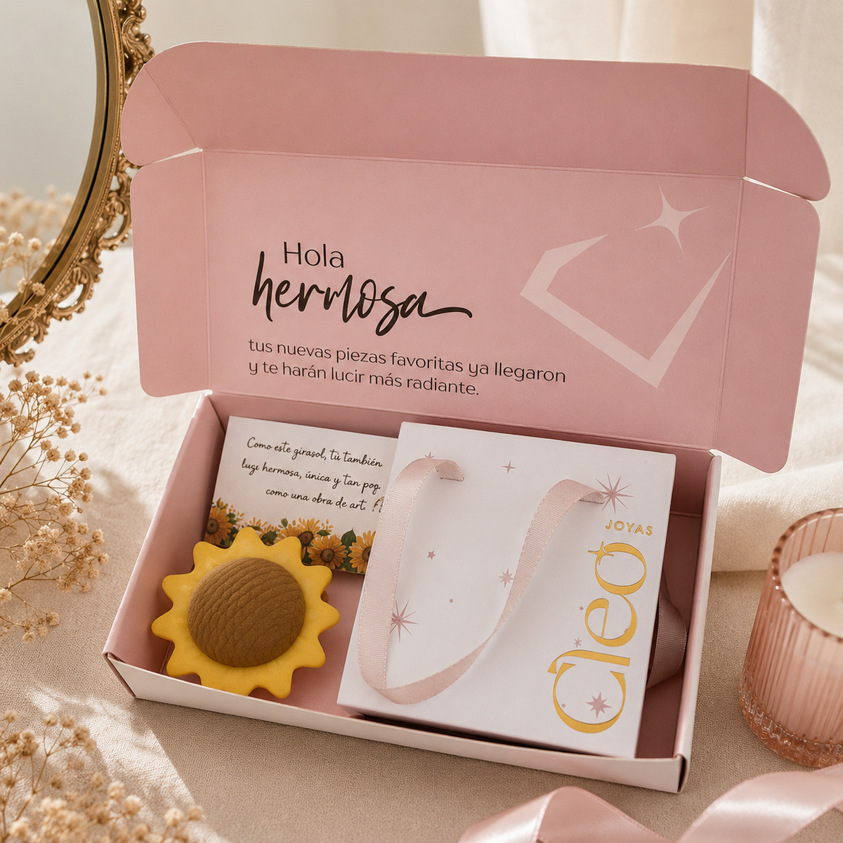 Box Premium 4 piezas Girasol: Collar + Arete + Pulsera + Anillo Girasol Giratorio