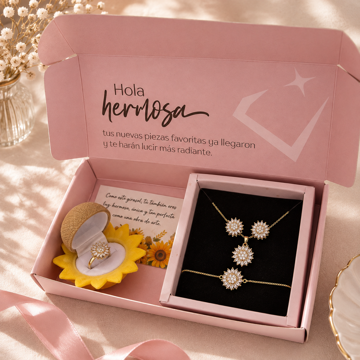 Box Premium 4 piezas Girasol: Collar + Arete + Pulsera + Anillo Girasol Giratorio