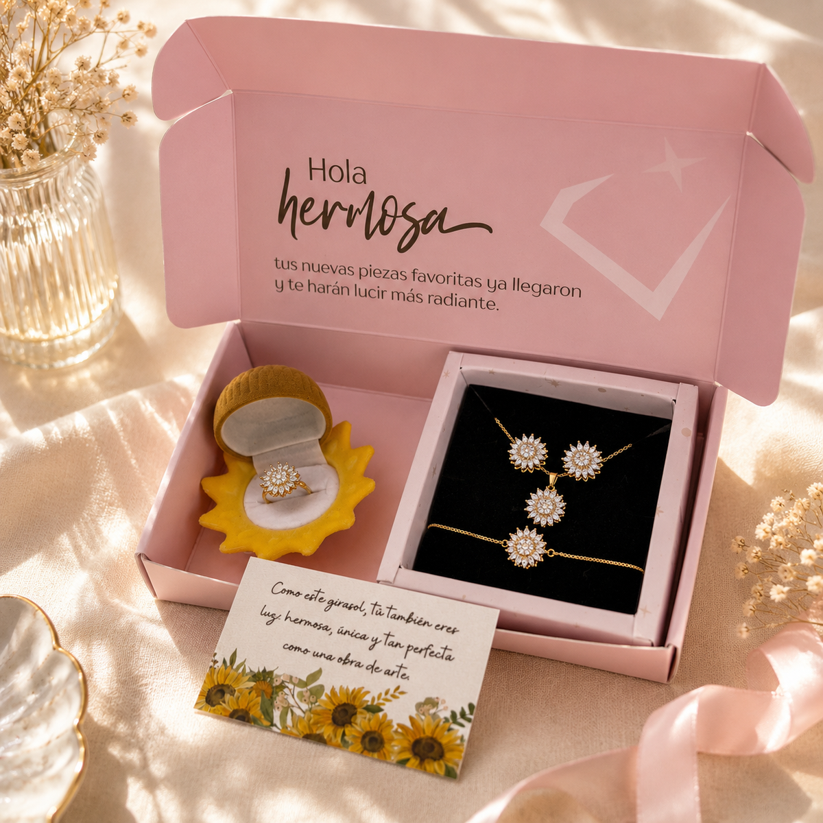 Box Premium 4 piezas Girasol: Collar + Arete + Pulsera + Anillo Girasol Giratorio