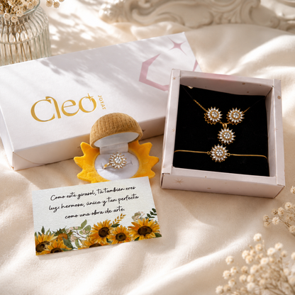 Box Premium 4 piezas Girasol: Collar + Arete + Pulsera + Anillo Girasol Giratorio